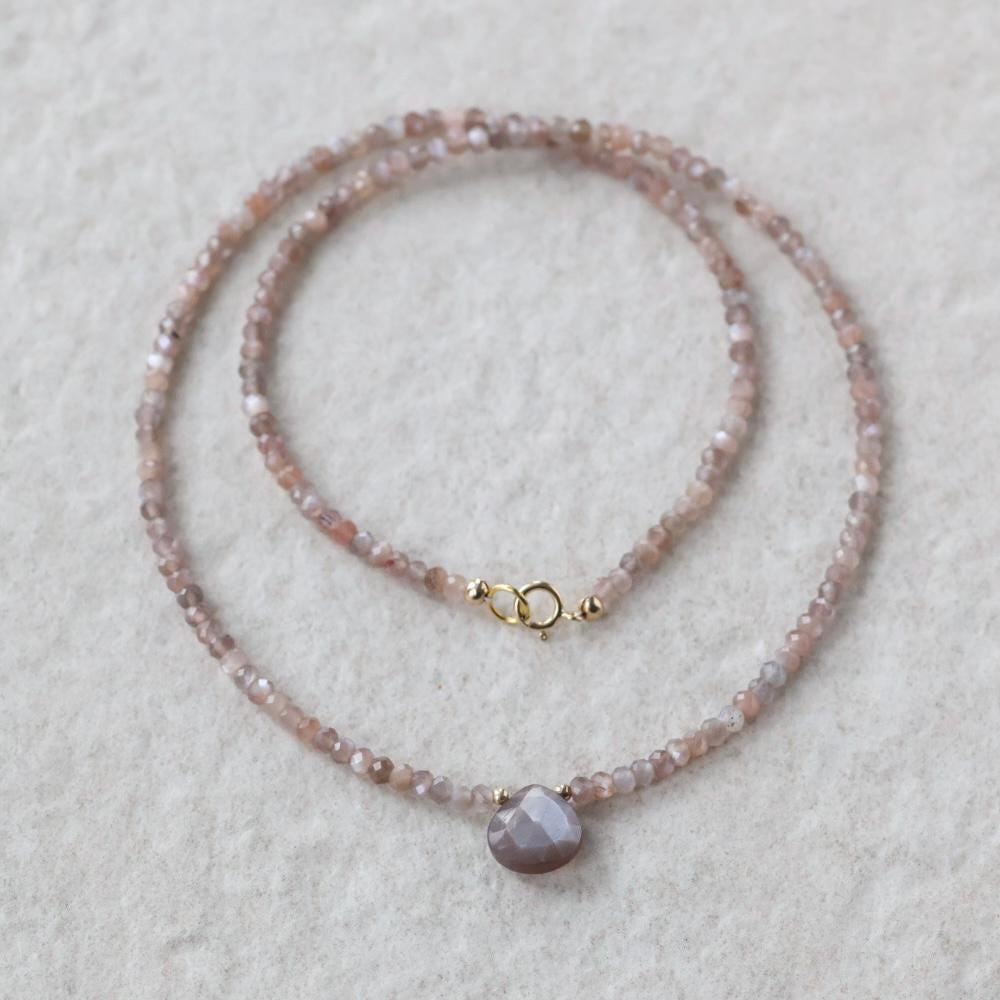 Chocolate Moonstone Necklace Dainty Beaded Choker Layering Gemstone Crystal Minimalist Jewelry Birthday Gift Women October Birthstone Wife