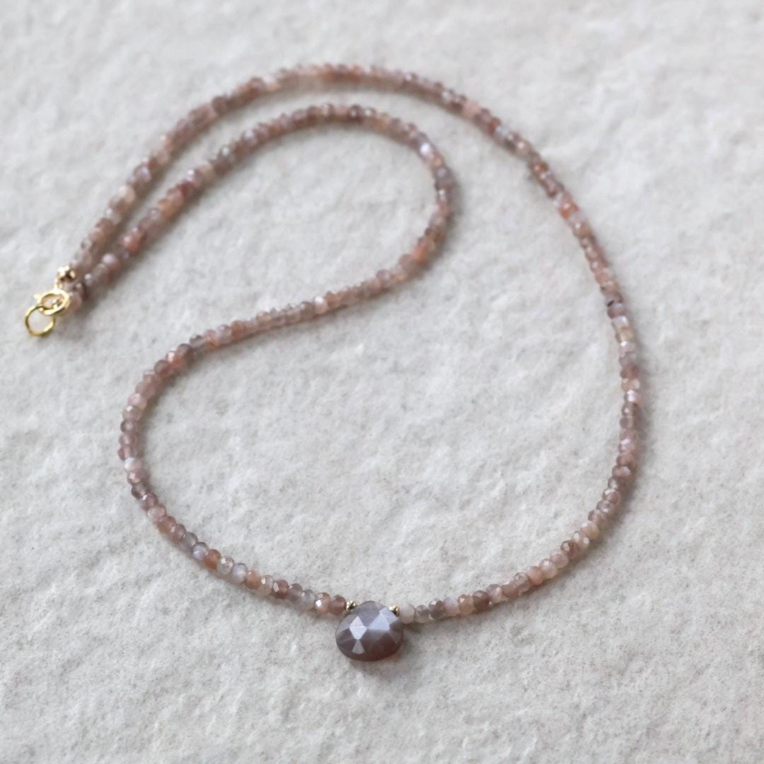 Chocolate Moonstone Necklace Dainty Beaded Choker Layering Gemstone Crystal Minimalist Jewelry Birthday Gift Women October Birthstone Wife