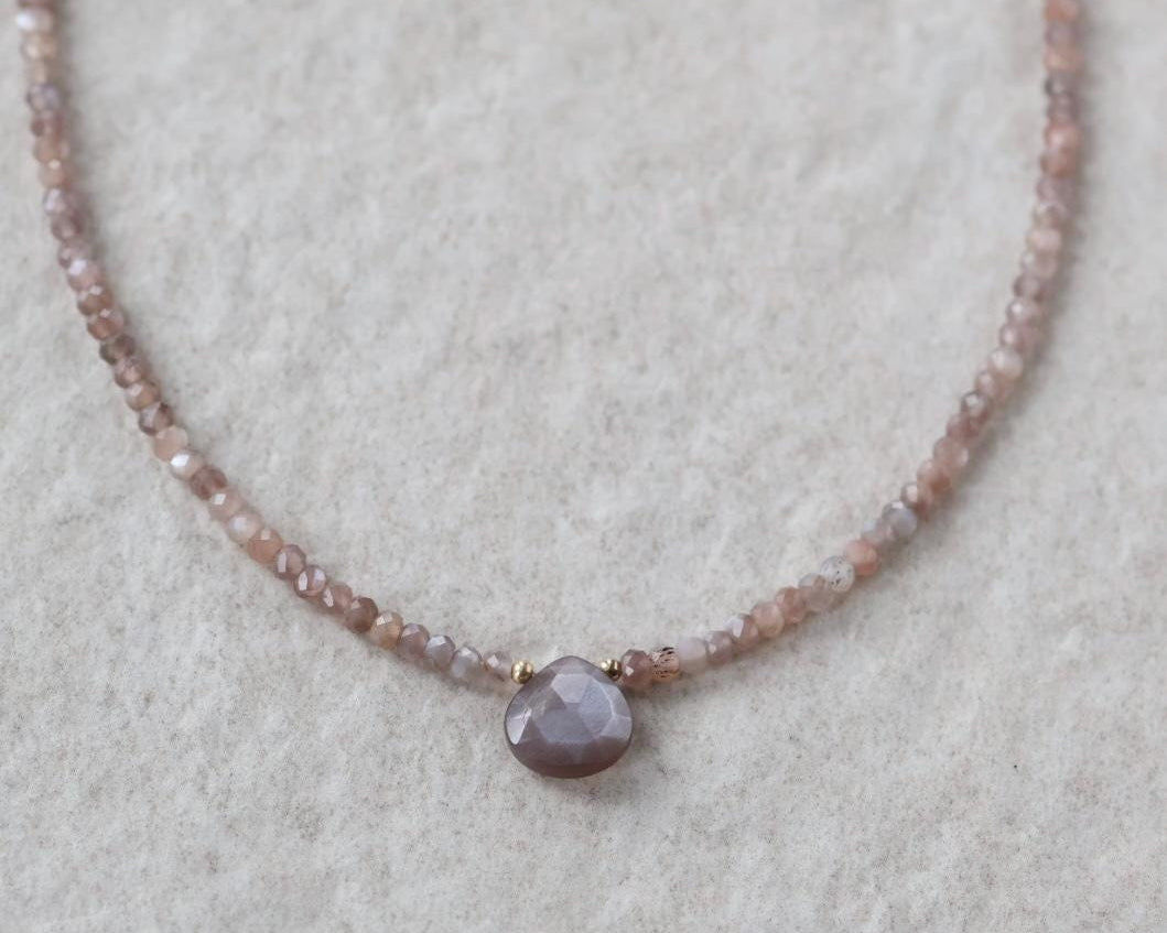 Chocolate Moonstone Necklace Dainty Beaded Choker Layering Gemstone Crystal Minimalist Jewelry Birthday Gift Women October Birthstone Wife