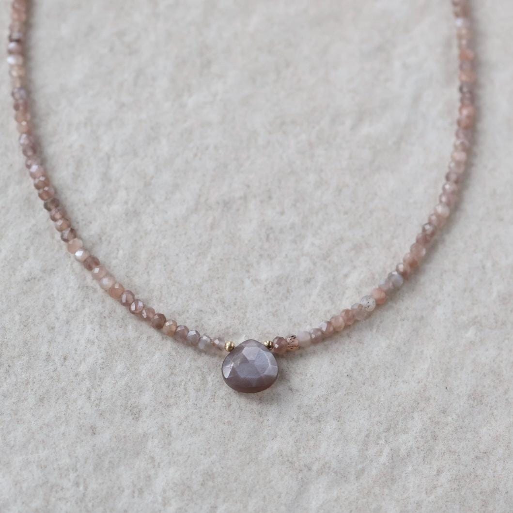 Chocolate Moonstone Necklace Dainty Beaded Choker Layering Gemstone Crystal Minimalist Jewelry Birthday Gift Women October Birthstone Wife