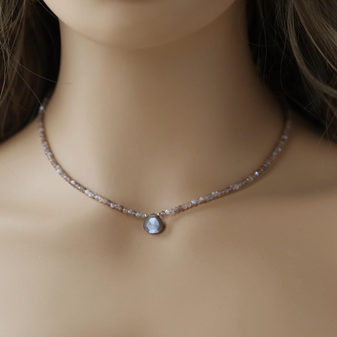 Chocolate Moonstone Necklace Dainty Beaded Choker Layering Gemstone Crystal Minimalist Jewelry Birthday Gift Women October Birthstone Wife