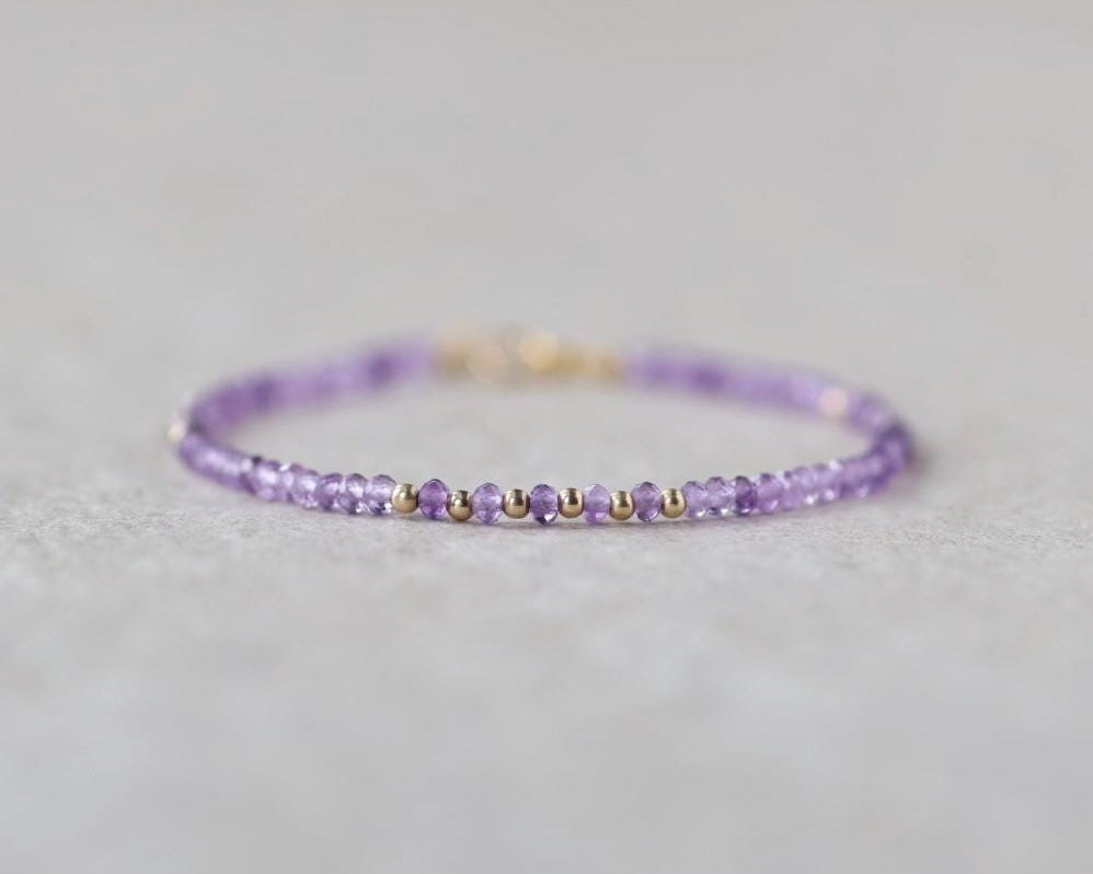 Tiny Amethyst Bracelet Dainty Gold Filled Gemstone Beaded Bracelet Purple Crystal Jewelry Boho February Birthstone Birthday Gift Mom Wife