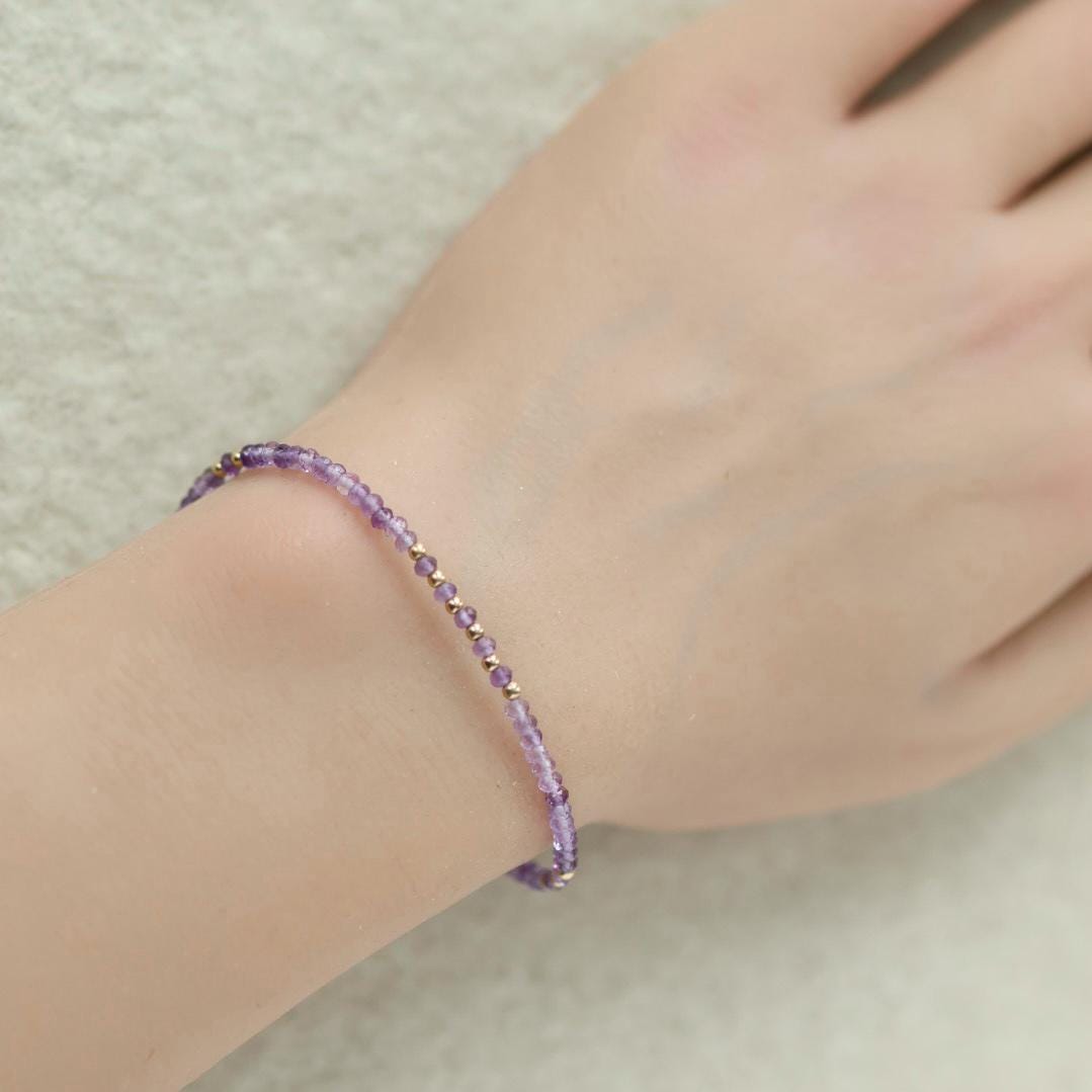 Tiny Amethyst Bracelet Dainty Gold Filled Gemstone Beaded Bracelet Purple Crystal Jewelry Boho February Birthstone Birthday Gift Mom Wife