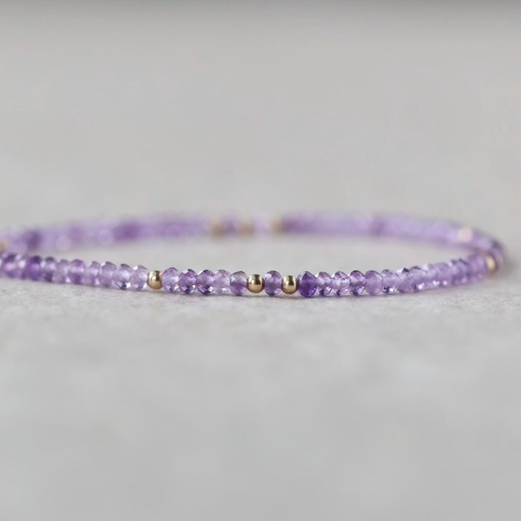 Tiny Amethyst Bracelet Dainty Gold Filled Gemstone Beaded Bracelet Purple Crystal Jewelry Boho February Birthstone Birthday Gift Mom Wife