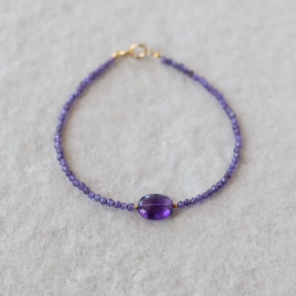 Tiny Amethyst Bracelet Dainty Gold Filled Gemstone Beaded Bracelet Purple Crystal Jewelry Boho February Birthstone Birthday Gift Mom Wife