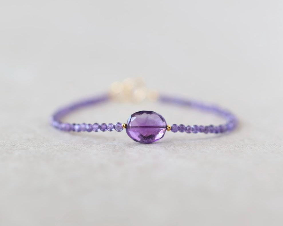 Tiny Amethyst Bracelet Dainty Gold Filled Gemstone Beaded Bracelet Purple Crystal Jewelry Boho February Birthstone Birthday Gift Mom Wife