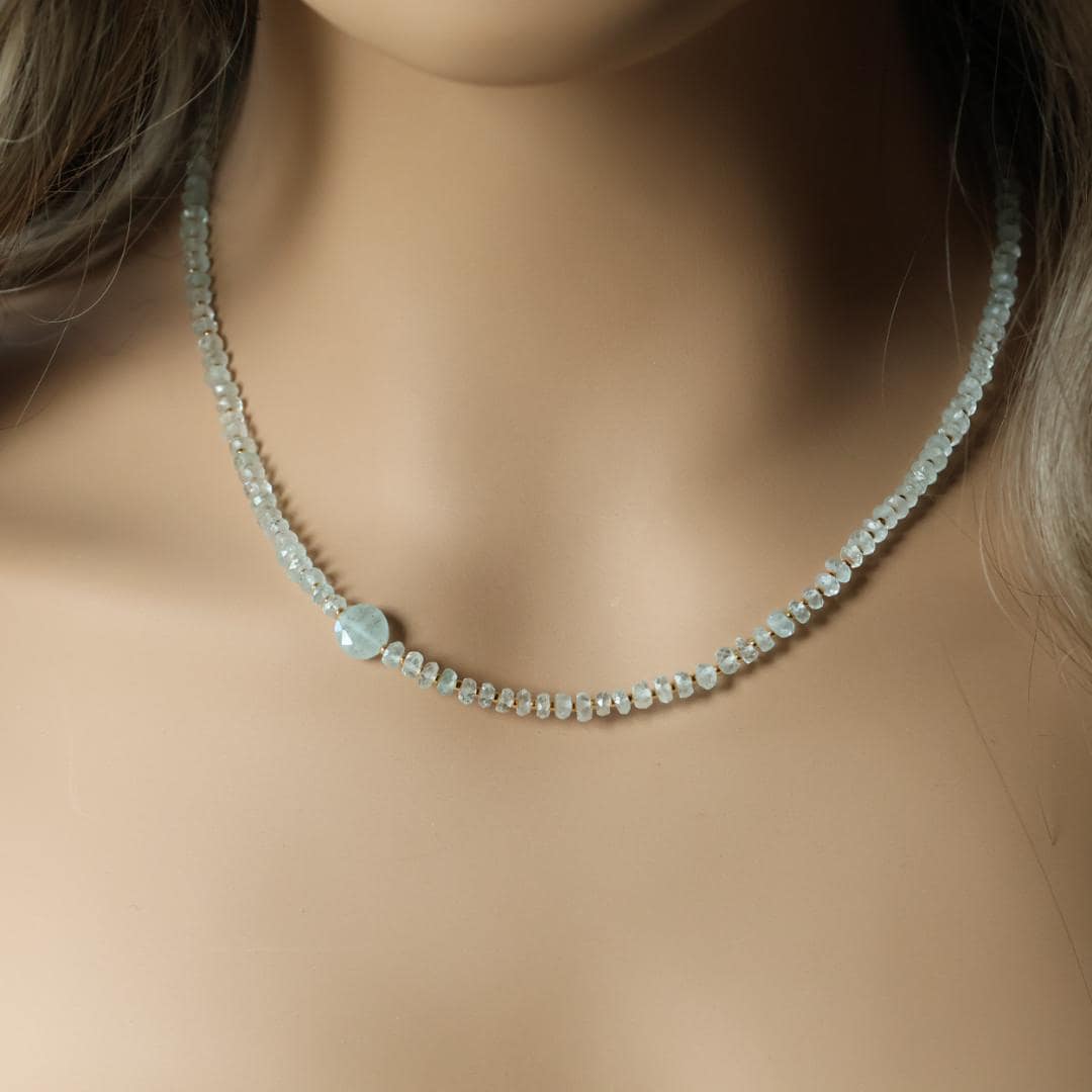 Dainty Aquamarine Necklace Beaded Choker Layering Simple Necklace Minimalist Jewelry Gift March Birthstone Mom Wife Bridesmaids