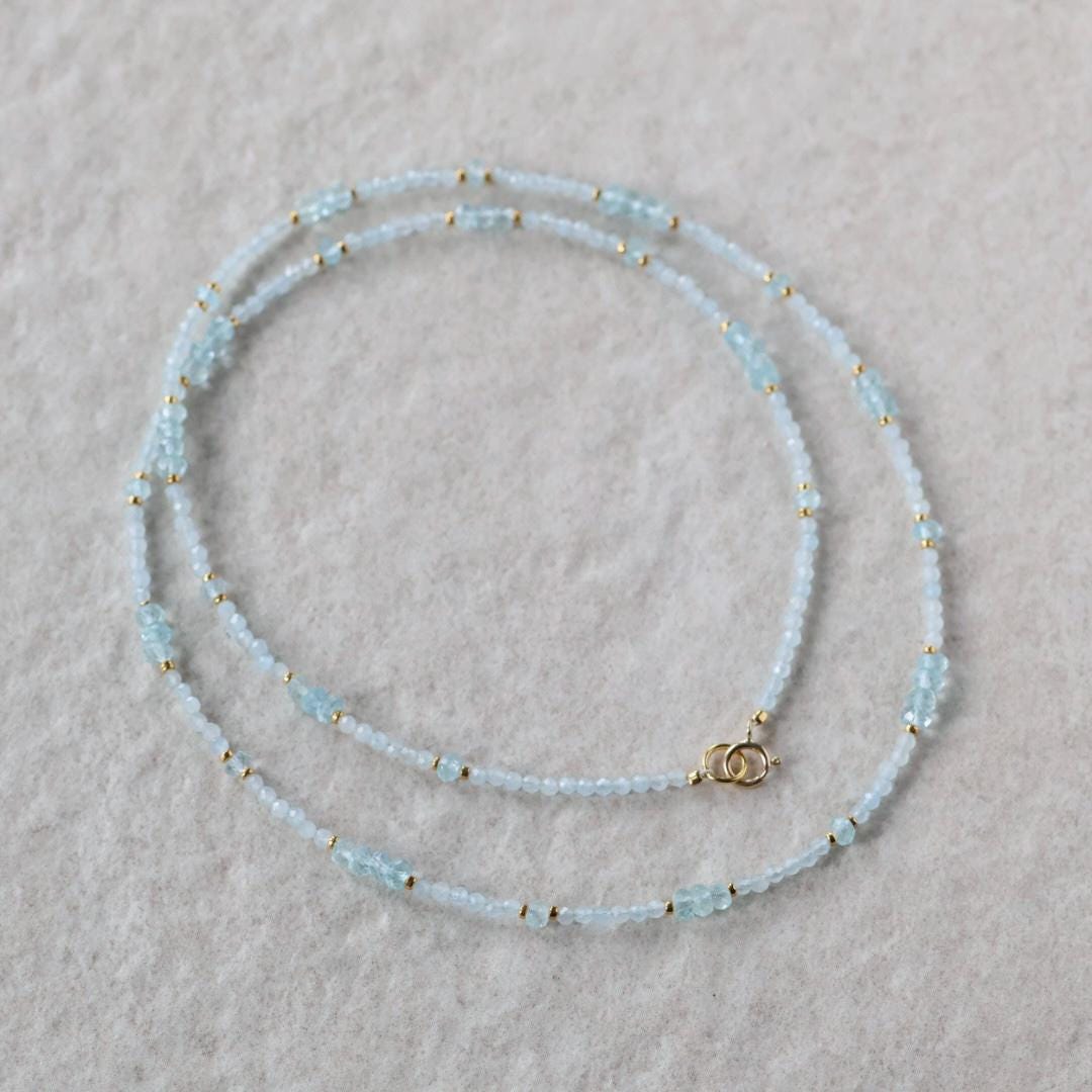 Dainty Aquamarine Necklace Beaded Choker Layering Simple Necklace Minimalist Jewelry Gift March Birthstone Mom Wife Bridesmaids