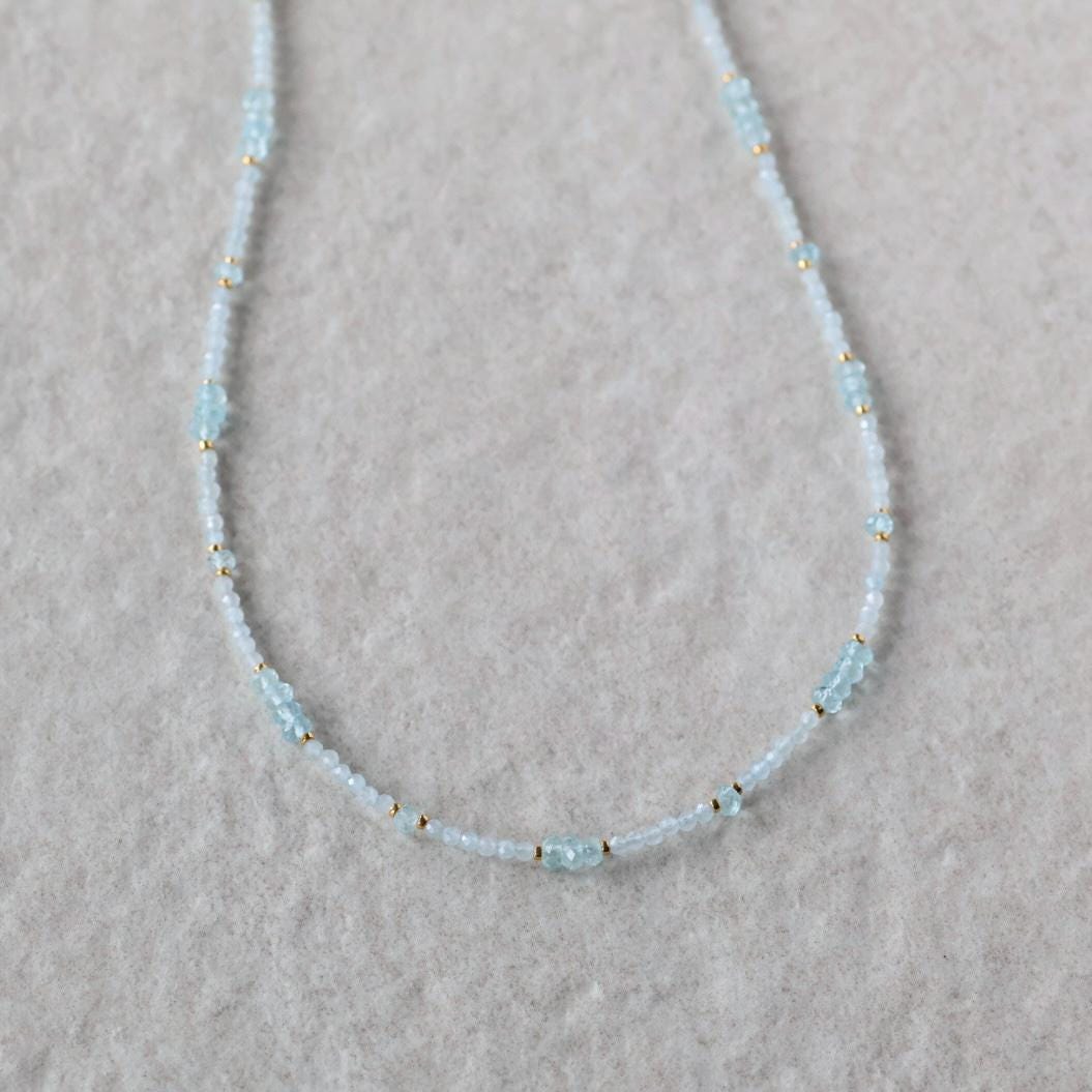 Dainty Aquamarine Necklace Beaded Choker Layering Simple Necklace Minimalist Jewelry Gift March Birthstone Mom Wife Bridesmaids