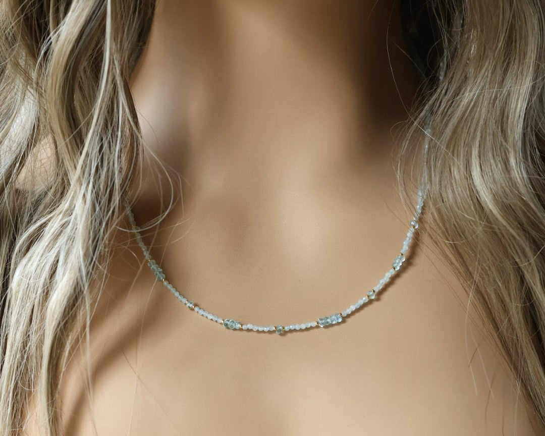 Dainty Aquamarine Necklace Beaded Choker Layering Simple Necklace Minimalist Jewelry Gift March Birthstone Mom Wife Bridesmaids
