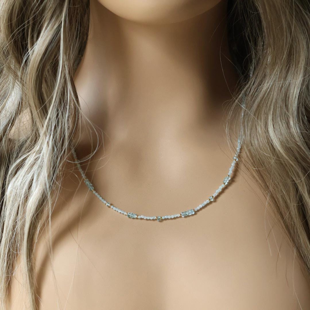 Dainty Aquamarine Necklace Beaded Choker Layering Simple Necklace Minimalist Jewelry Gift March Birthstone Mom Wife Bridesmaids