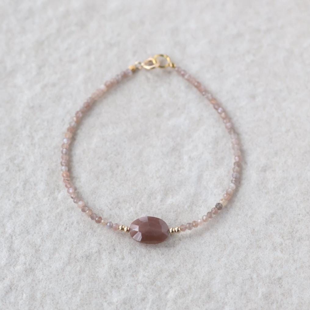 Tiny Chocolate Moonstone Bracelet Dainty Gemstone Beaded Jewelry Minimalist June Birthstone Birthday Gift for Women Mom Wife Friend Daughter