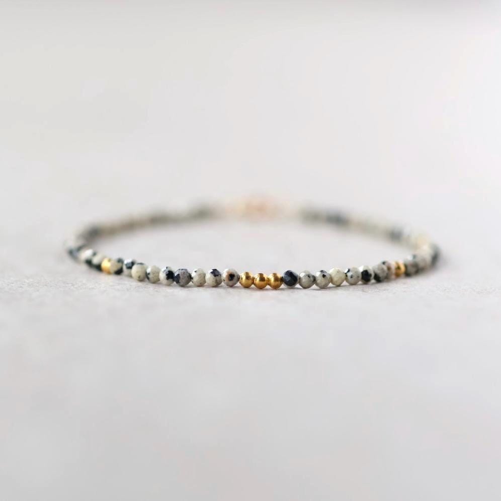 Tiny Dalmatian Jasper Bracelet Dainty Spotted Jasper Gemstone Beaded Bracelet Trendy Crystal Jewelry Minimalist Birthday for Women Sister