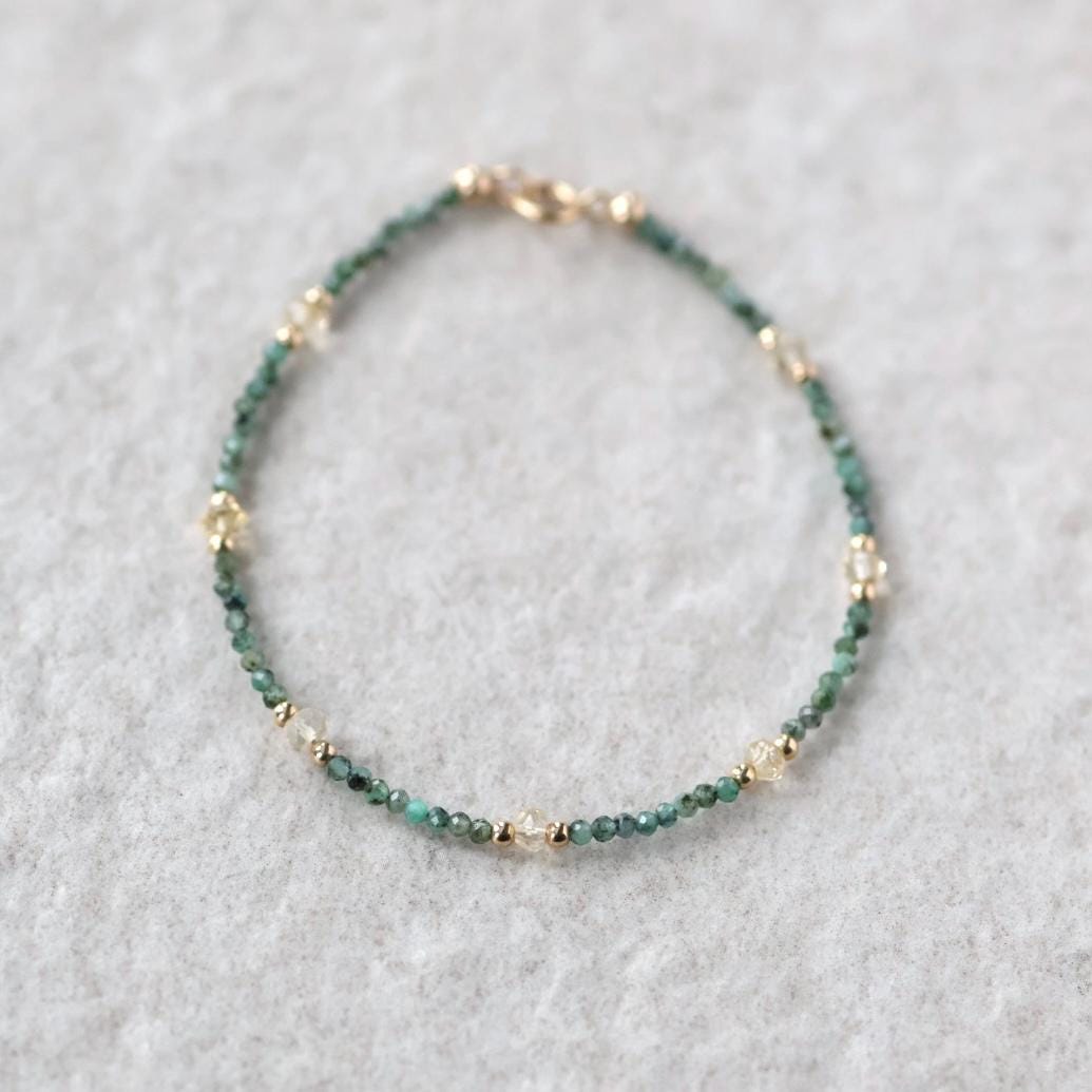 Tiny Emerald Bracelet Dainty Gemstone Beaded Bracelet May Birthstone Jewelry Green Crystal Bracelet Minimalist Birthday Gift Wife Daughter