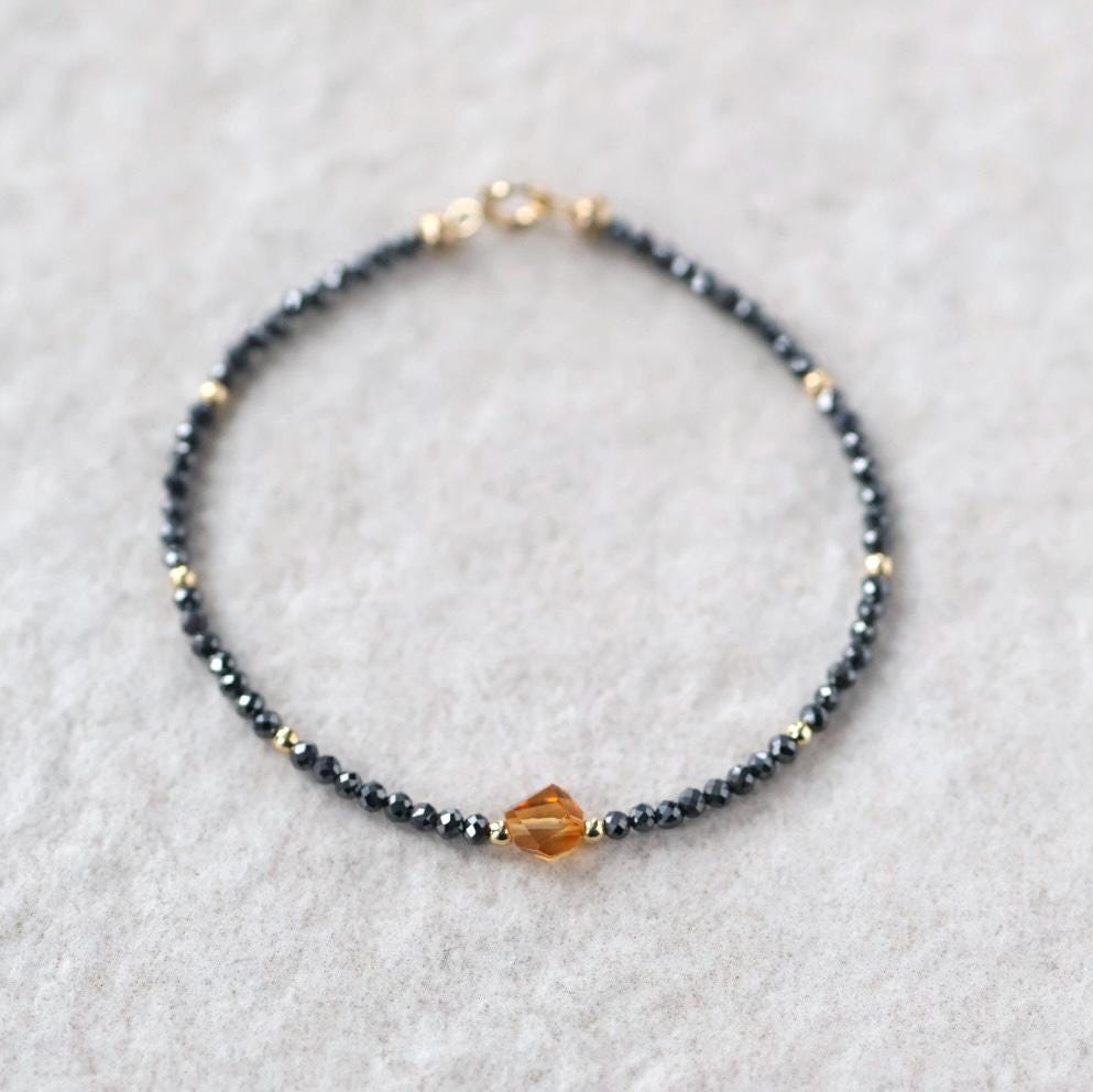 Tiny Hematite Bracelet Dainty Gemstone Beaded Bracelet Madeira Citrine Crystal Jewelry Minimalist Stacking Birthday Gift for Women Daughter