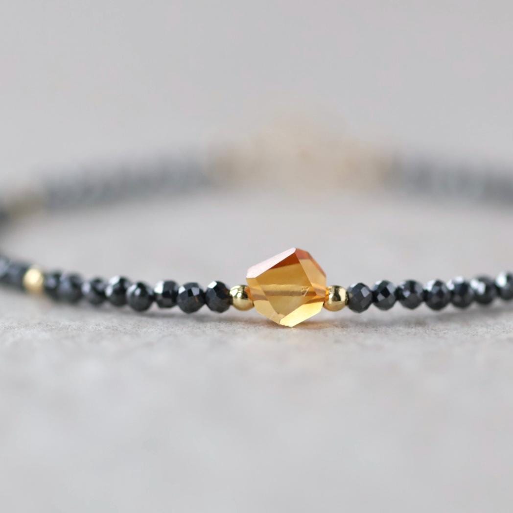 Tiny Hematite Bracelet Dainty Gemstone Beaded Bracelet Madeira Citrine Crystal Jewelry Minimalist Stacking Birthday Gift for Women Daughter