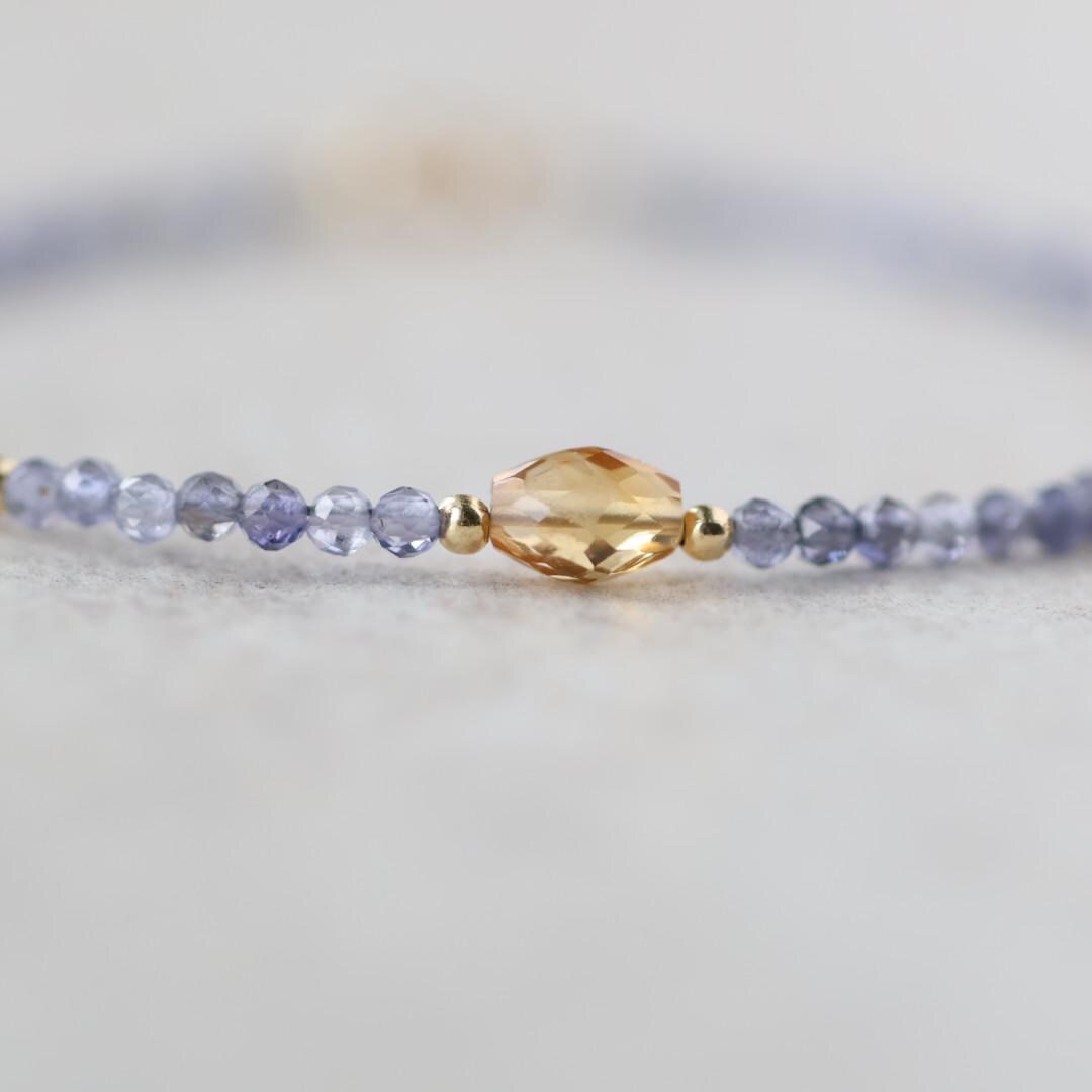 Tiny Iolite Bracelet Dainty Citrine Gemstone Beaded Bracelet Blue Crystal Jewelry Minimalist November Birthstone Birthday Gift for Women
