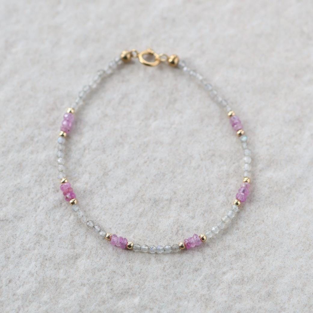 Tiny Pink Sapphire Bracelet Dainty Labradorite Gemstone Beaded Bracelet Pink Crystal Jewelry Minimalist September Birthstone Birthday Gift