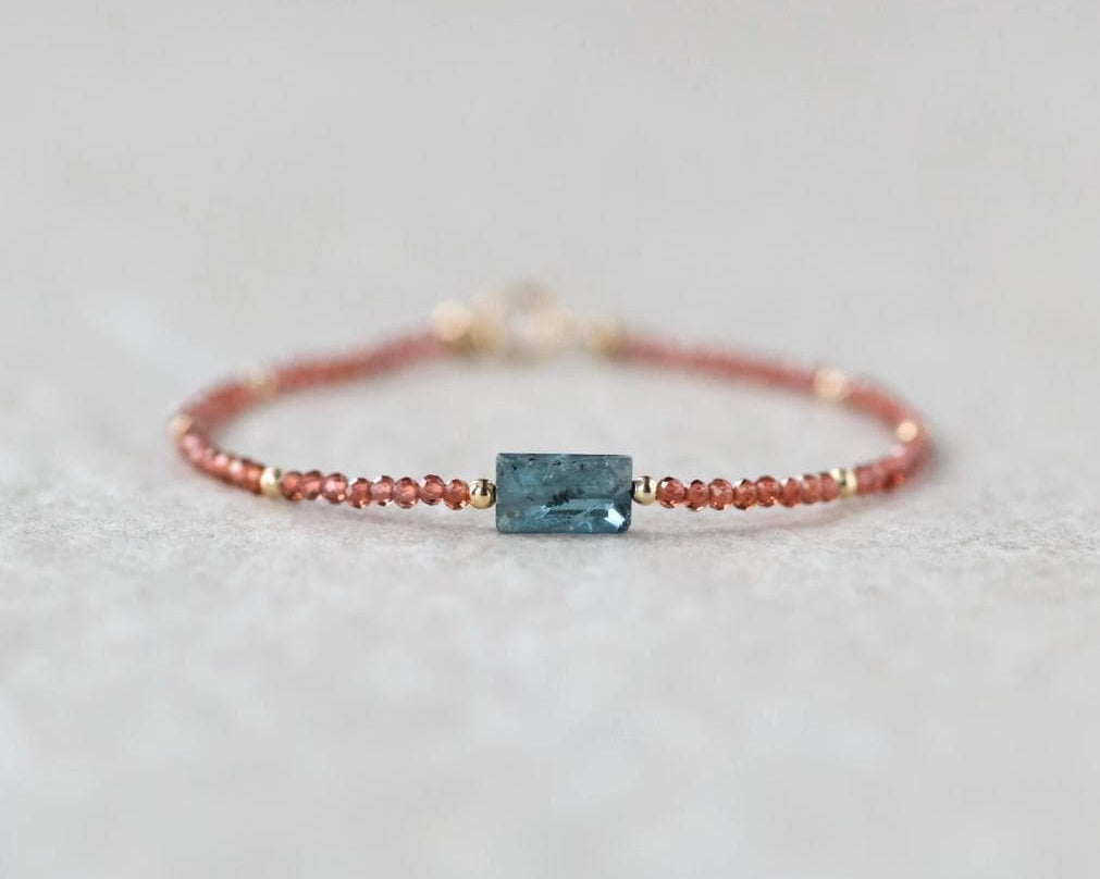 Tiny Teal Kyanite Bracelet Dainty Garnet Gemstone Beaded Bracelet Crystal Minimalist Jewelry Everyday Birthday Gift for Mom Wife Women