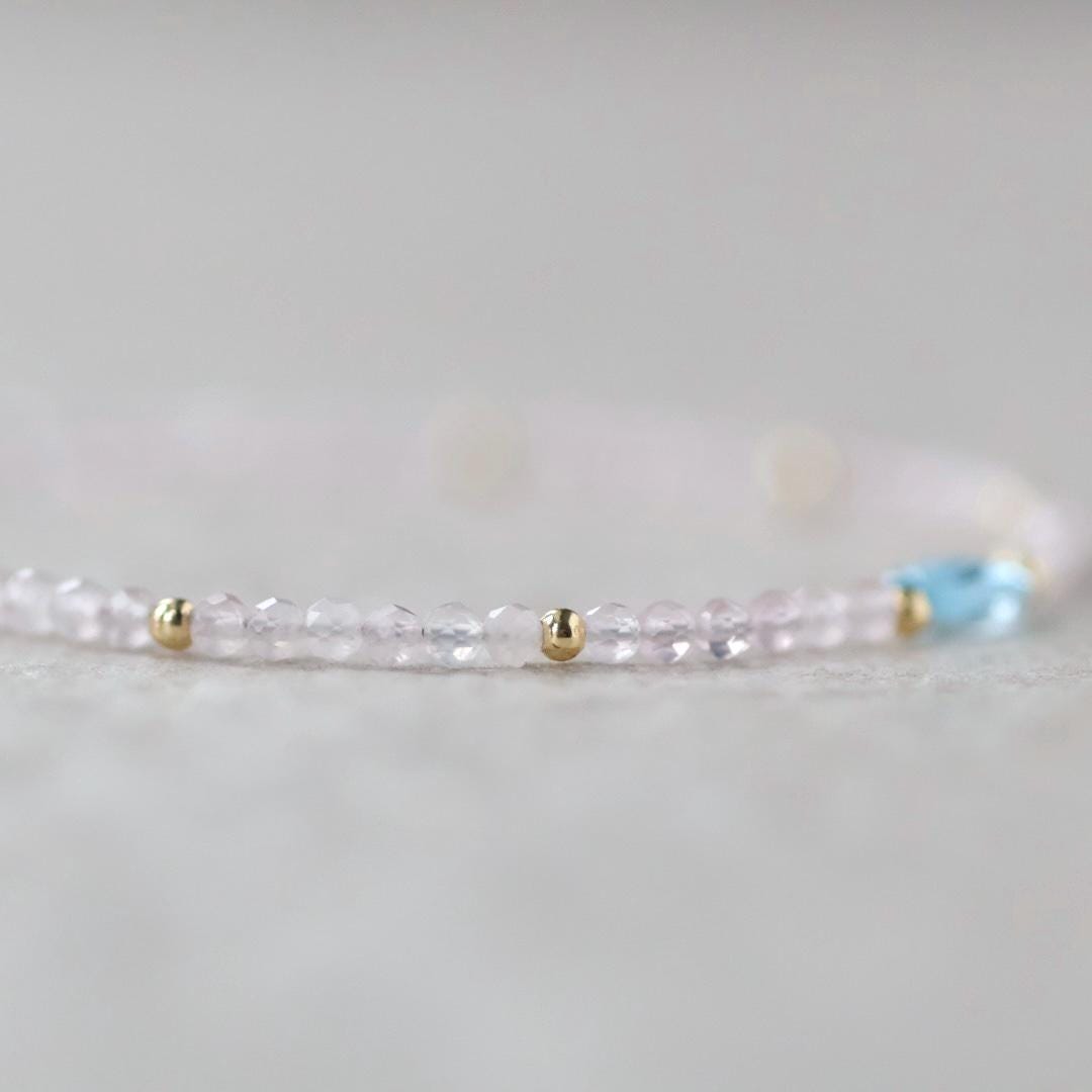 Tiny Pink Morganite Bracelet Dainty Swiss Blue Topaz Gemstone Beaded Jewelry Minimalist Crystal Bracelet Birthday Gift For Women Daughter