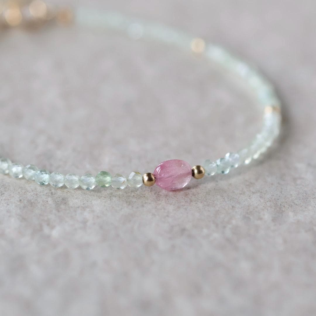 Tiny Prehnite Bracelet Dainty Pink Tourmaline Gemstone Beaded Bracelet Crystal Jewelry Minimalist October Birthstone Birthday Gift for Women
