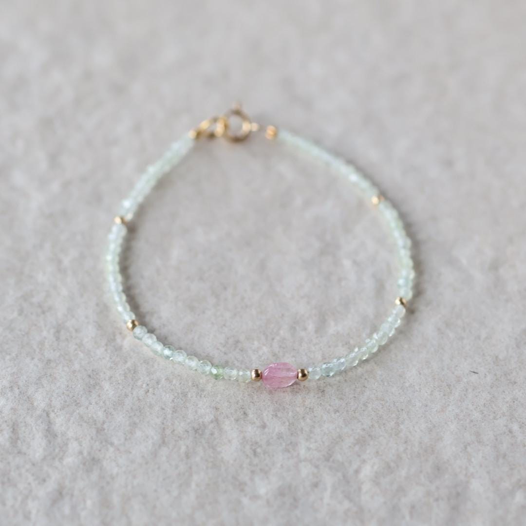 Tiny Prehnite Bracelet Dainty Pink Tourmaline Gemstone Beaded Bracelet Crystal Jewelry Minimalist October Birthstone Birthday Gift for Women