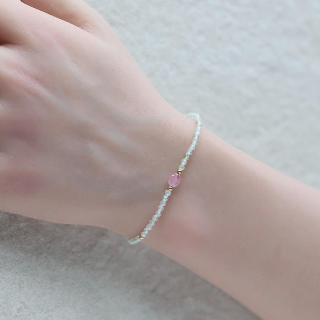 Tiny Prehnite Bracelet Dainty Pink Tourmaline Gemstone Beaded Bracelet Crystal Jewelry Minimalist October Birthstone Birthday Gift for Women