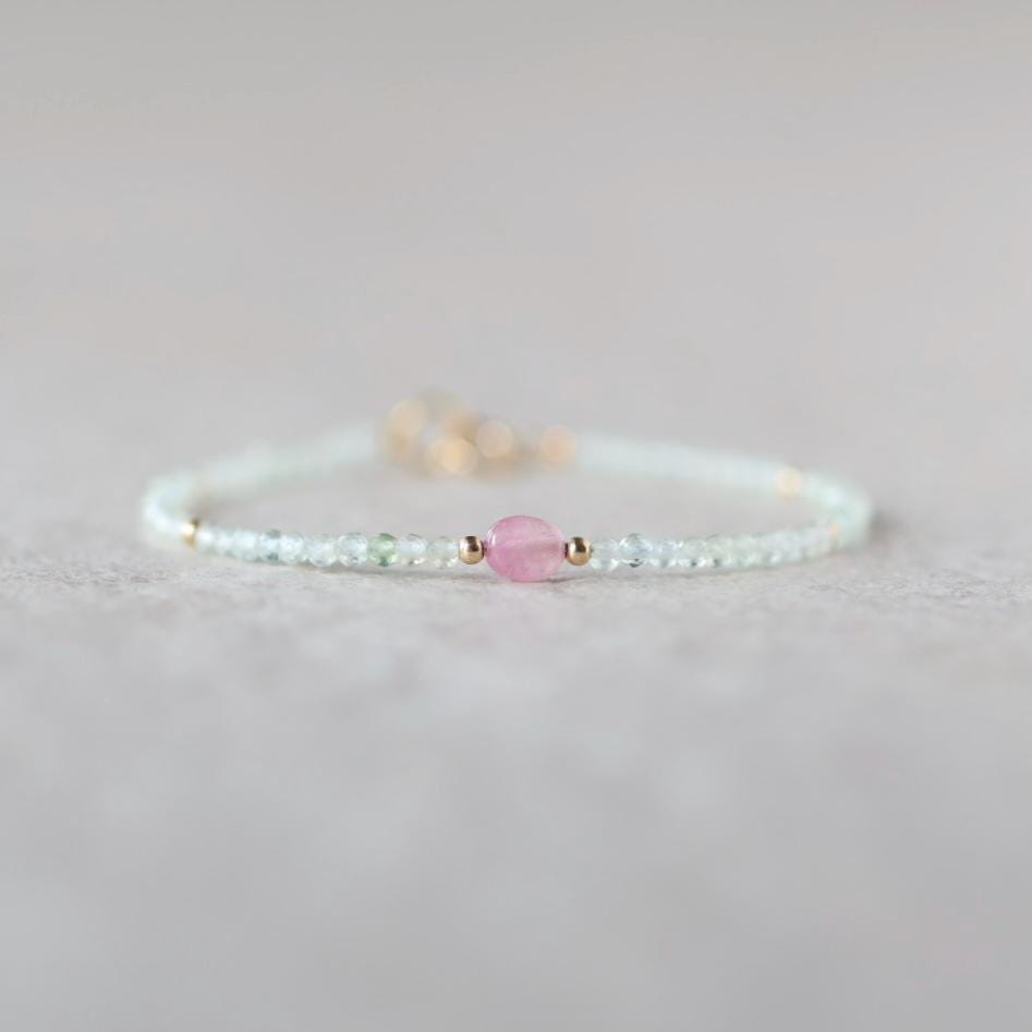 Tiny Prehnite Bracelet Dainty Pink Tourmaline Gemstone Beaded Bracelet Crystal Jewelry Minimalist October Birthstone Birthday Gift for Women