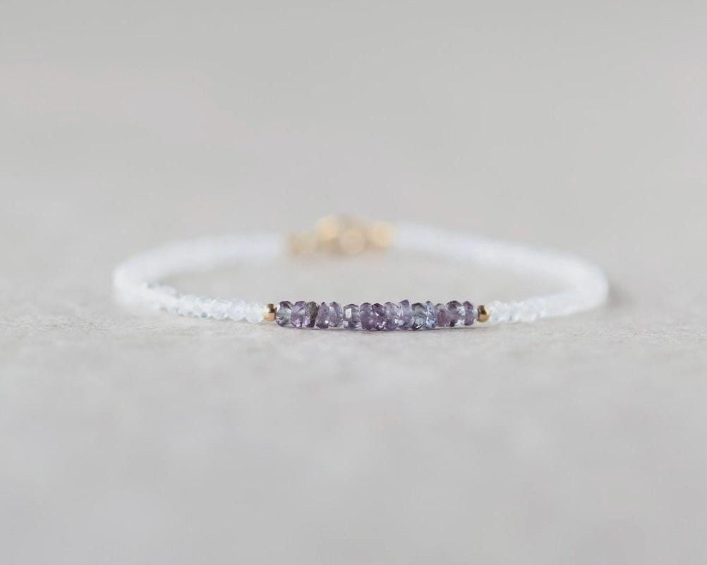 Tiny Alexandrite Bracelet Dainty Moonstone Gemstone Beaded Jewelry Minimalist Stacking Bracelet Skinny June Birthstone Gift Bridesmaid Mom