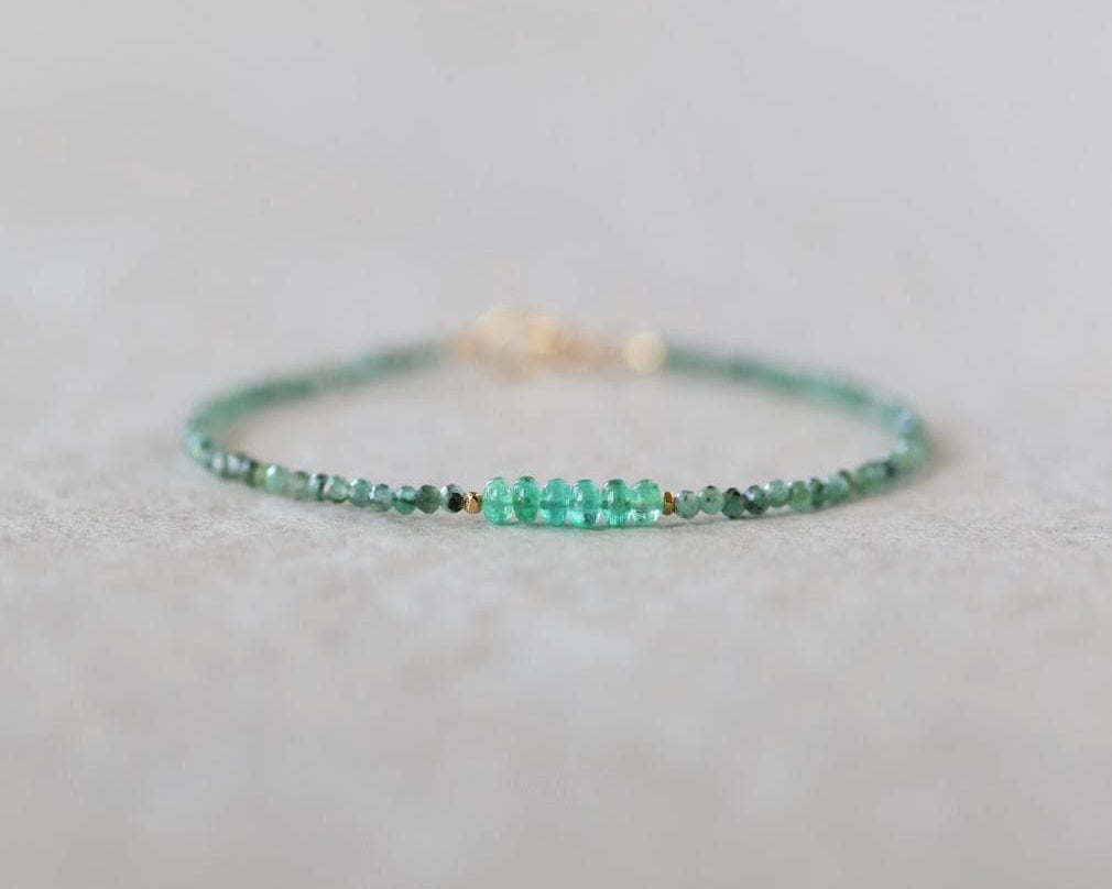 Dainty Emerald Bracelet Simple Zambian Emerald Beaded Green Crystal Jewelry Minimalist May Birthstone Gift 20th Anniversary Bridesmaid Gift