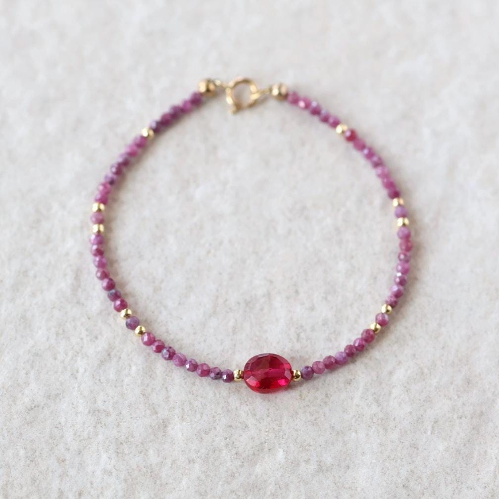 Tiny Ruby Bracelet Dainty Gemstone Beaded Bracelet Pink Crystal Jewelry Minimalist July Birthstone Birthday Gift for Women Mom Wife Daughter