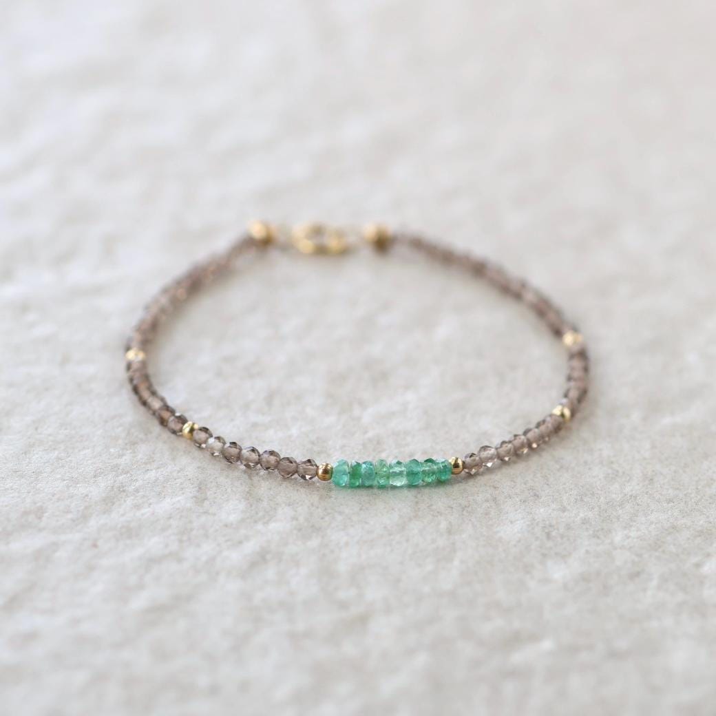 Tiny Emerald Bracelet Dainty Smoky Quartz Gemstone Beaded Jewelry Green Crystal Bracelet Minimalist May Birthstone Birthday Gift for Women