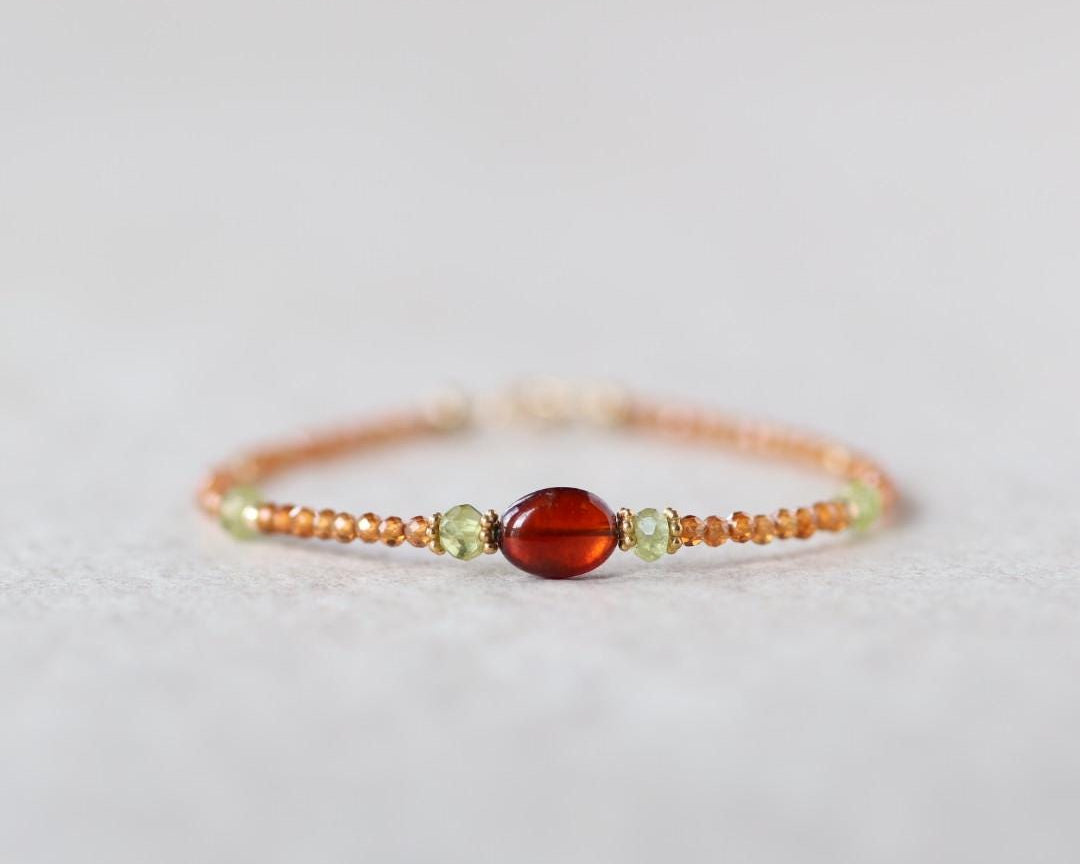Dainty Spessartine Garnet Bracelet Peridot Gold Filled Beaded Jewelry Minimalist Skinny Bracelet Birthstone Bracelet Gift Bridesmaids Mom