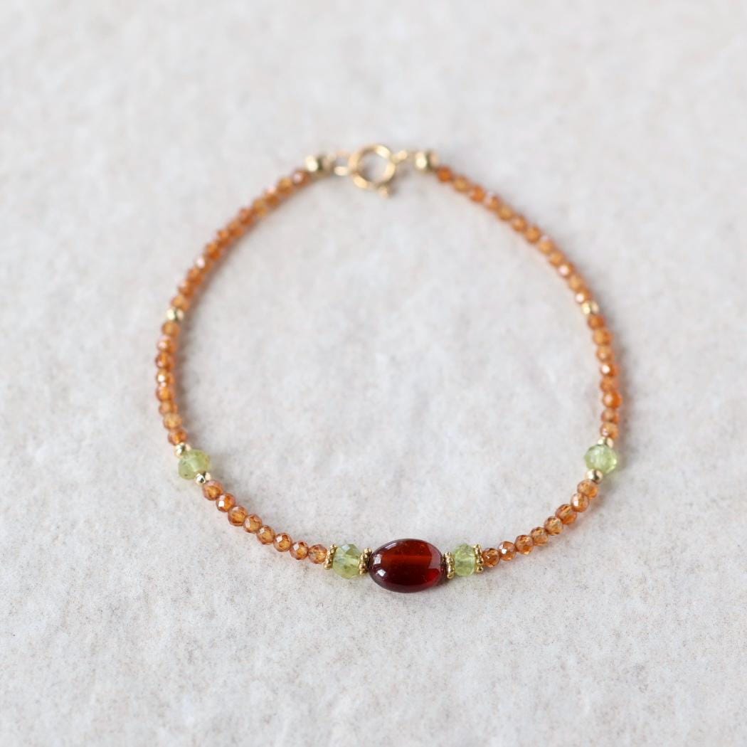 Dainty Spessartine Garnet Bracelet Peridot Gold Filled Beaded Jewelry Minimalist Skinny Bracelet Birthstone Bracelet Gift Bridesmaids Mom