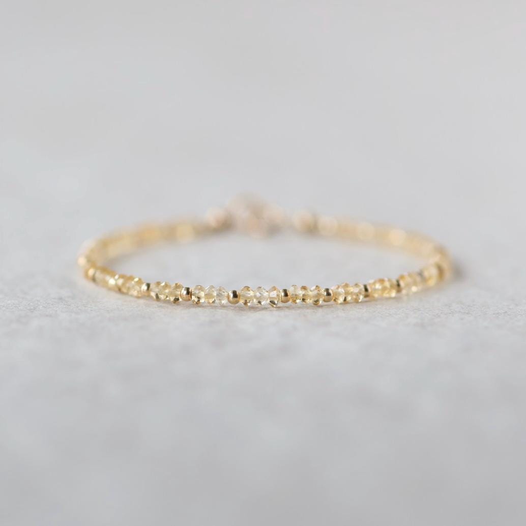 Tiny Citrine Bracelet Dainty Gemstone Beaded Bracelet Yellow Crystal Minimalist Jewelry November Birthstone Gift for Women Mom Wife Daughter