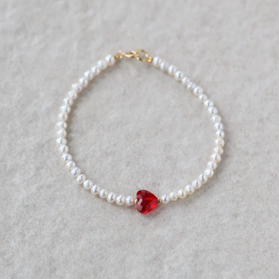 Natural Pearl Bracelet Dainty Red Heart Charm Jewelry Minimalist Pearls June Birthstone Birthday Gift Valentines Galentines Bridesmaids
