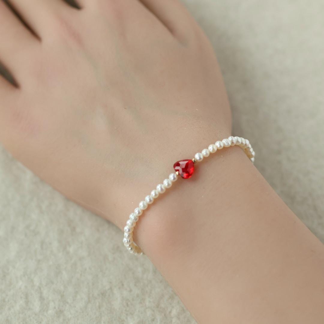 Natural Pearl Bracelet Dainty Red Heart Charm Jewelry Minimalist Pearls June Birthstone Birthday Gift Valentines Galentines Bridesmaids
