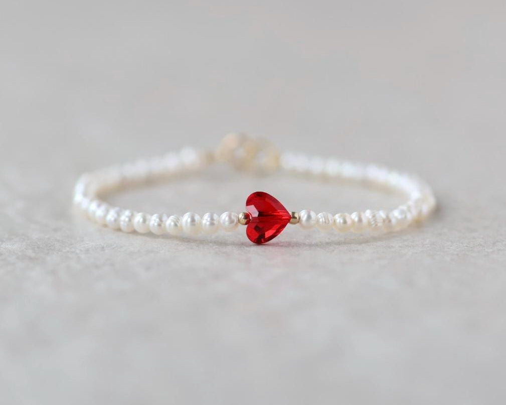 Natural Pearl Bracelet Dainty Red Heart Charm Jewelry Minimalist Pearls June Birthstone Birthday Gift Valentines Galentines Bridesmaids