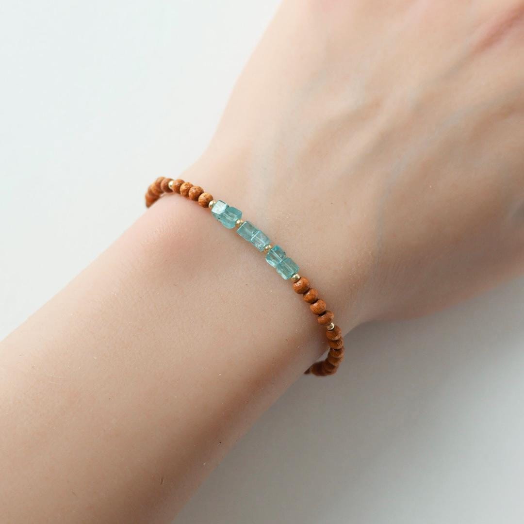 Tiny Sandalwood Bracelet Apatite Dainty Gemstone Beaded Bracelet Blue Crystal Stacking Jewelry Minimalist Birthday Gift Mom Wife Bridesmaids