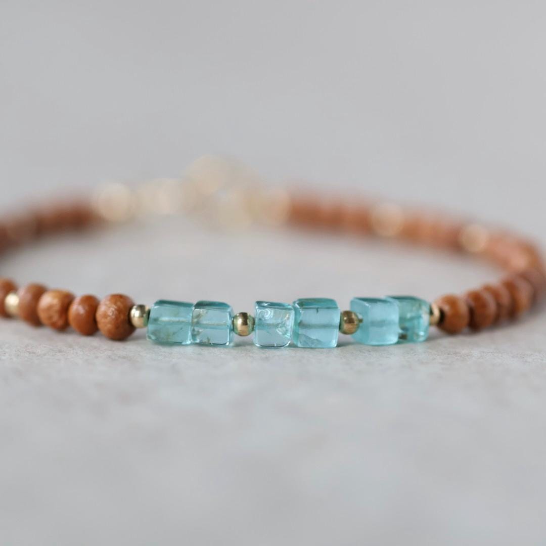 Tiny Sandalwood Bracelet Apatite Dainty Gemstone Beaded Bracelet Blue Crystal Stacking Jewelry Minimalist Birthday Gift Mom Wife Bridesmaids