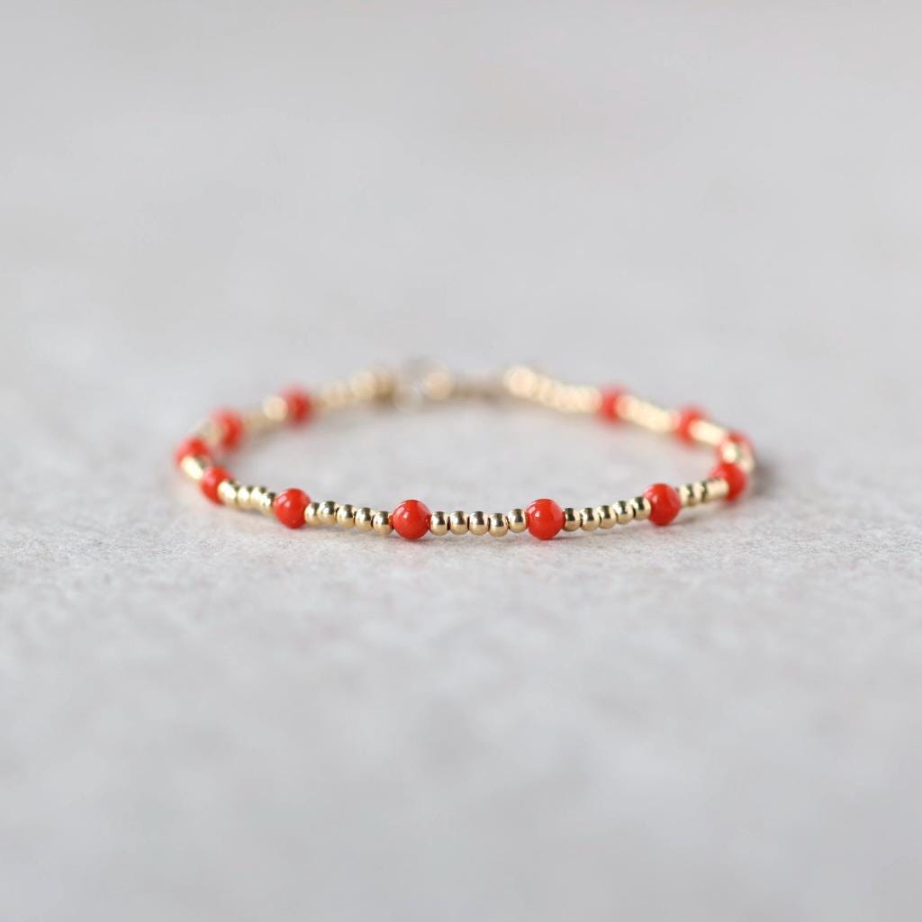Italian Coral Bracelet Dainty Red Coral Jewelry Minimalist Gold Filled Beads Bracelet October Birthstone 35th anniversary gift bridesmaid