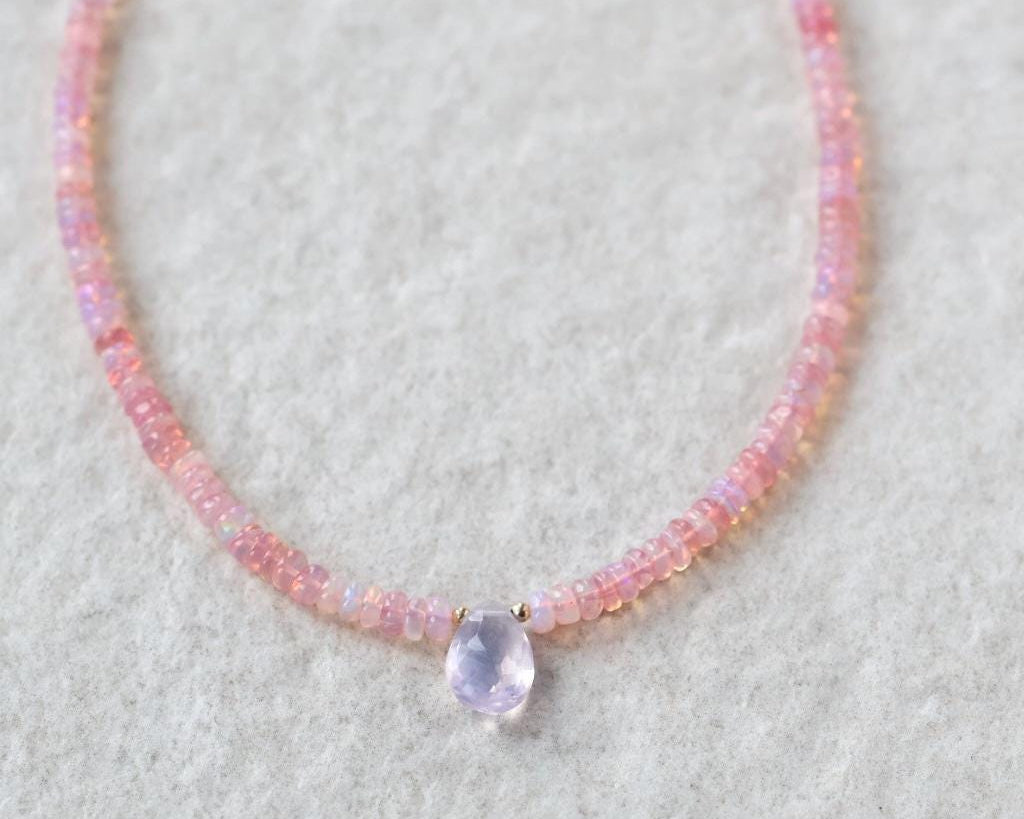 Opal Necklace Lavender Quartz Beaded Choker Pink Opal Layering Gemstone Crystal Minimalist Jewelry Birthday Gift Women October Birthstone