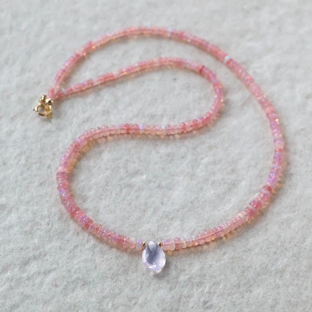 Opal Necklace Lavender Quartz Beaded Choker Pink Opal Layering Gemstone Crystal Minimalist Jewelry Birthday Gift Women October Birthstone