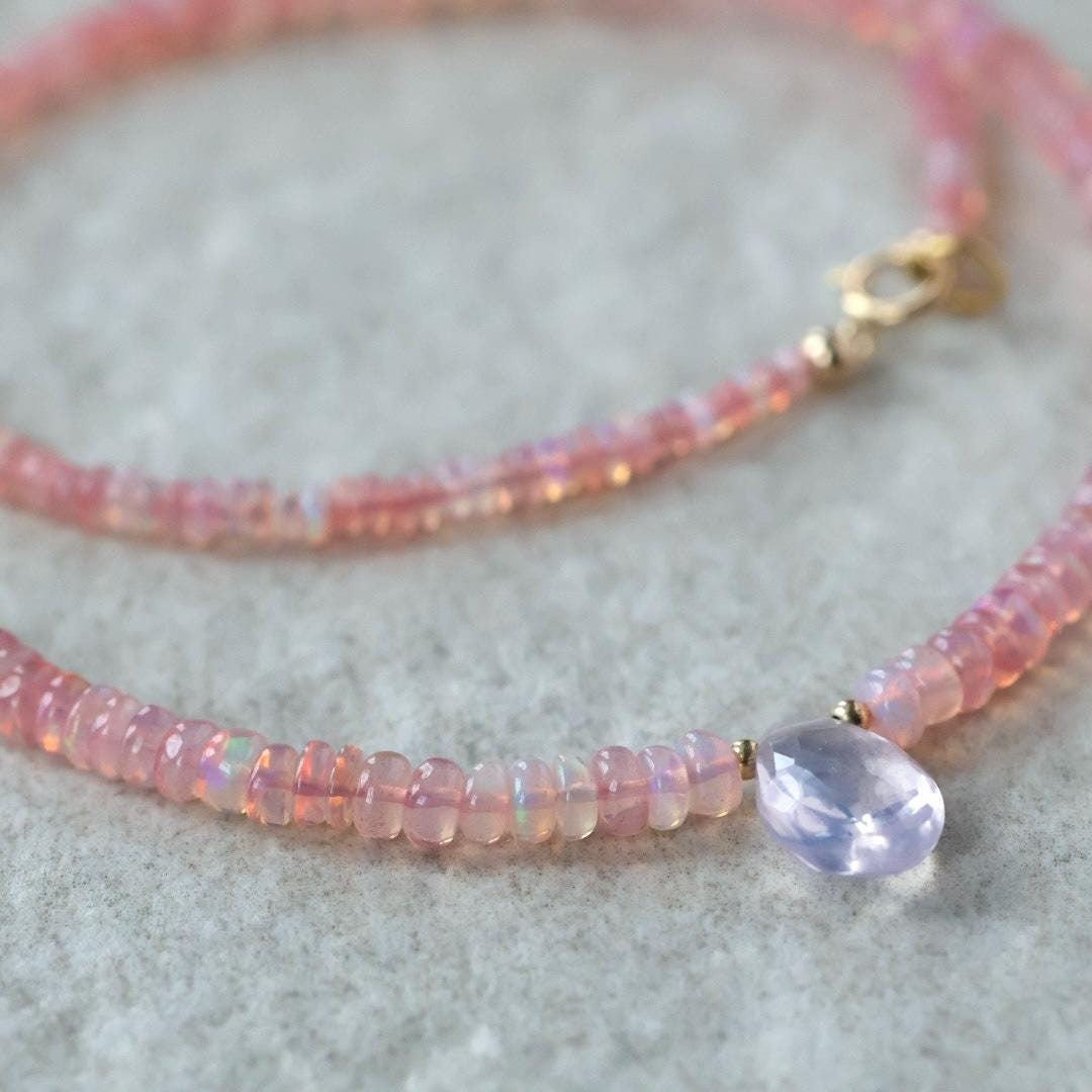 Opal Necklace Lavender Quartz Beaded Choker Pink Opal Layering Gemstone Crystal Minimalist Jewelry Birthday Gift Women October Birthstone