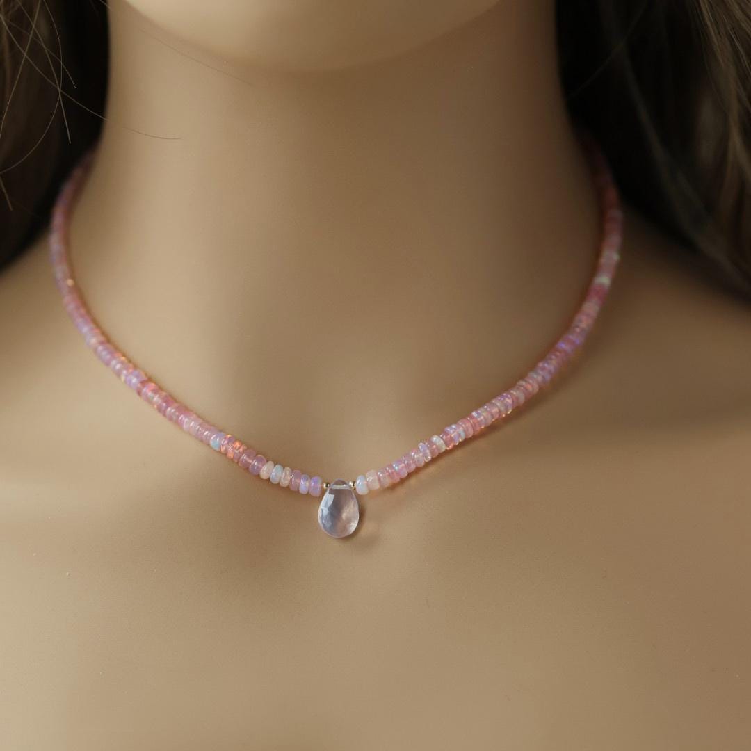 Opal Necklace Lavender Quartz Beaded Choker Pink Opal Layering Gemstone Crystal Minimalist Jewelry Birthday Gift Women October Birthstone