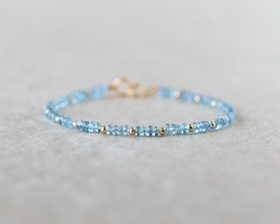 Tiny Aquamarine Bracelet Dainty Gemstone Beaded Bracelet Blue Crystal Jewelry Minimalist March Birthstone Birthday Gift Mom Wife Bridesmaids