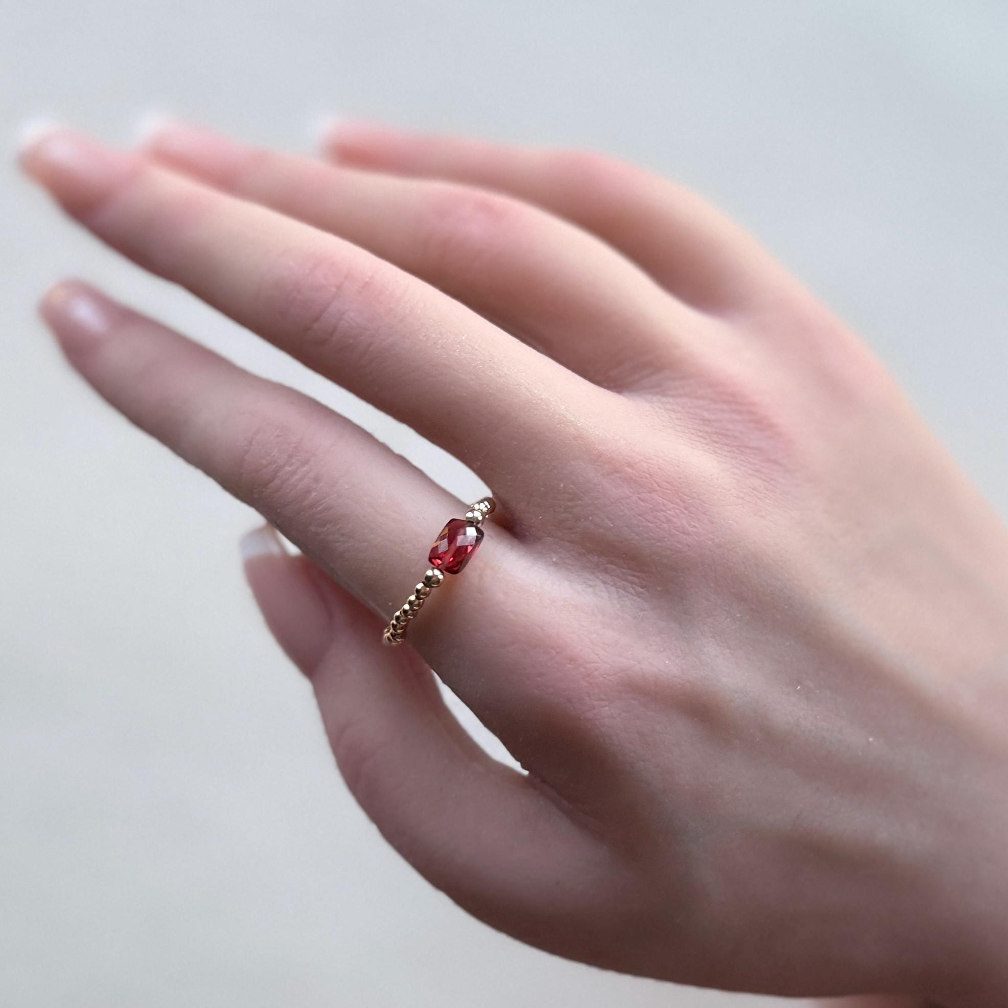 Tiny Garnet Stretch Ring Gold Filled Dainty Beaded Gemstone Elastic Silver Boho Ring Minimalist Anxiety January Birthstone Birthday Gift Mom