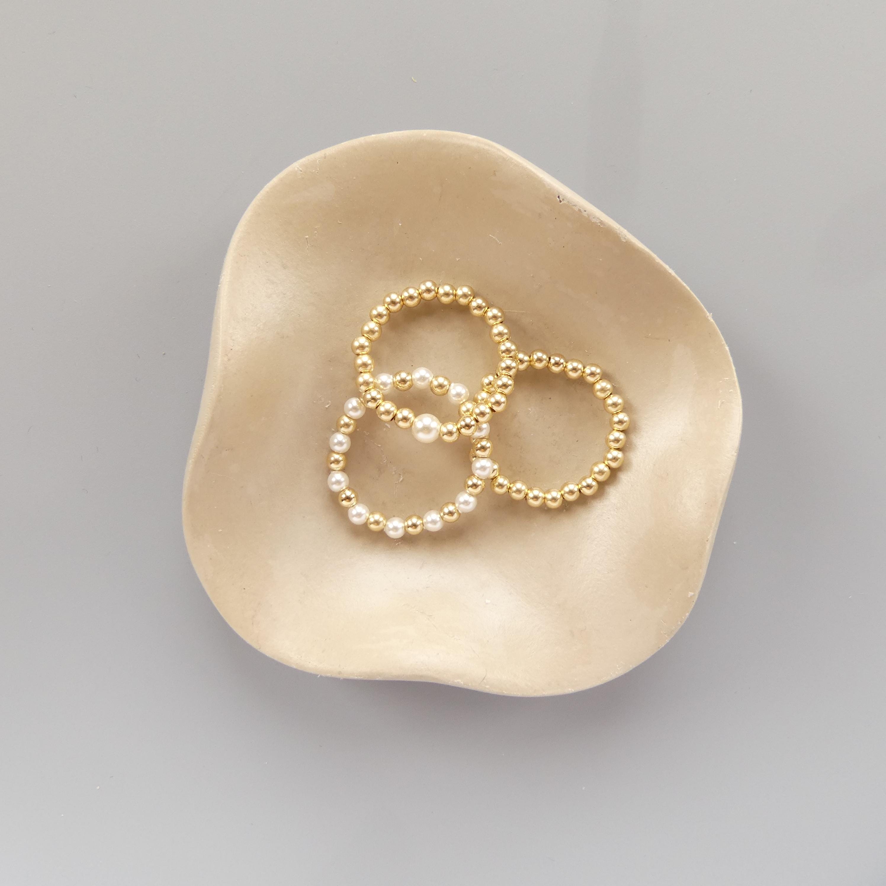 Pearl Stretch Ring Set Dainty Stacking Ring 3mm Beaded Gold filled Ring Elastic Boho Rings Minimalist Birthday Gift Mom Bride Friend Grandma