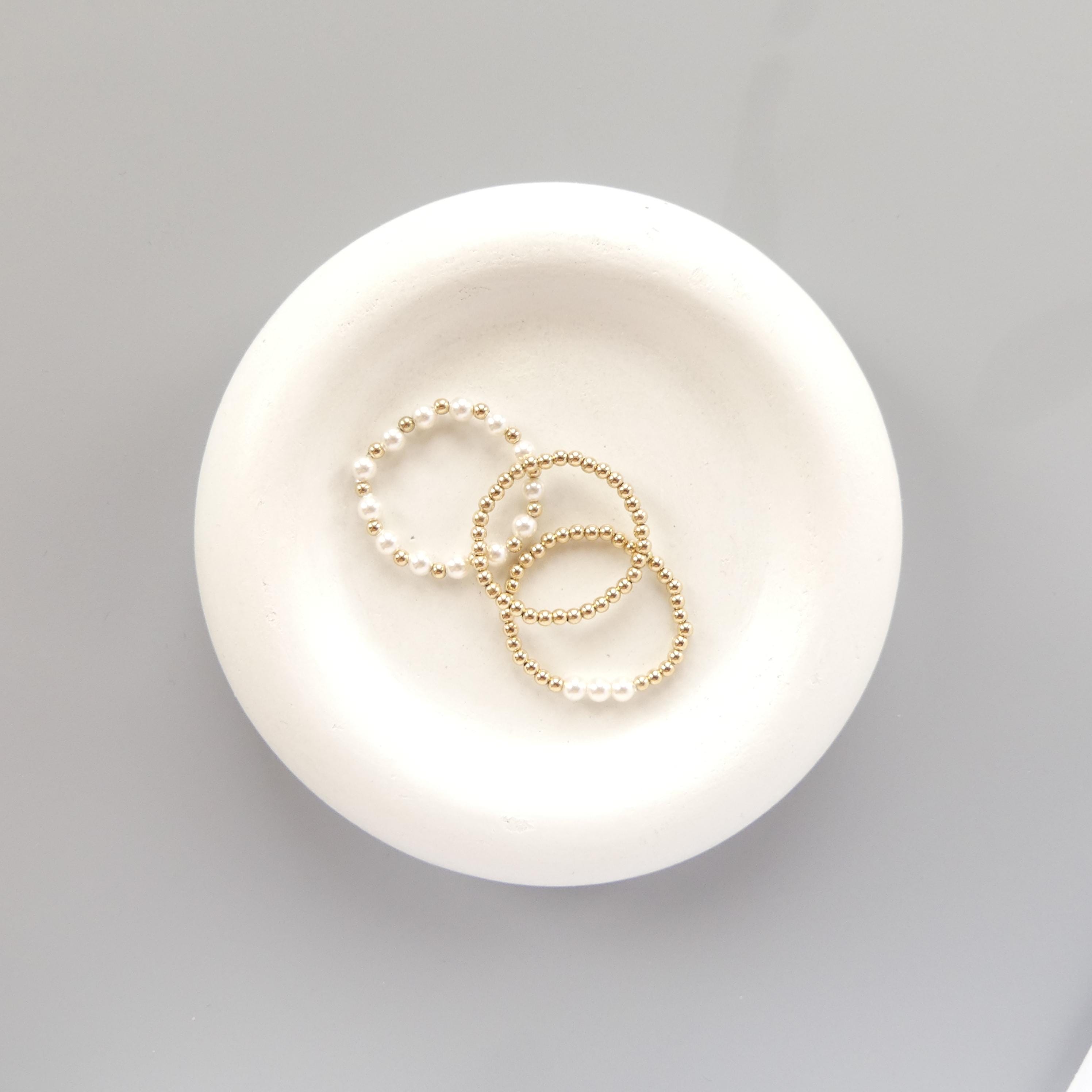 Pearl Stretch Ring Set Dainty Stacking Ring 2mm Beaded Gold filled Ring Elastic Boho Rings Minimalist Birthday Gift Mom Bride Friend Grandma