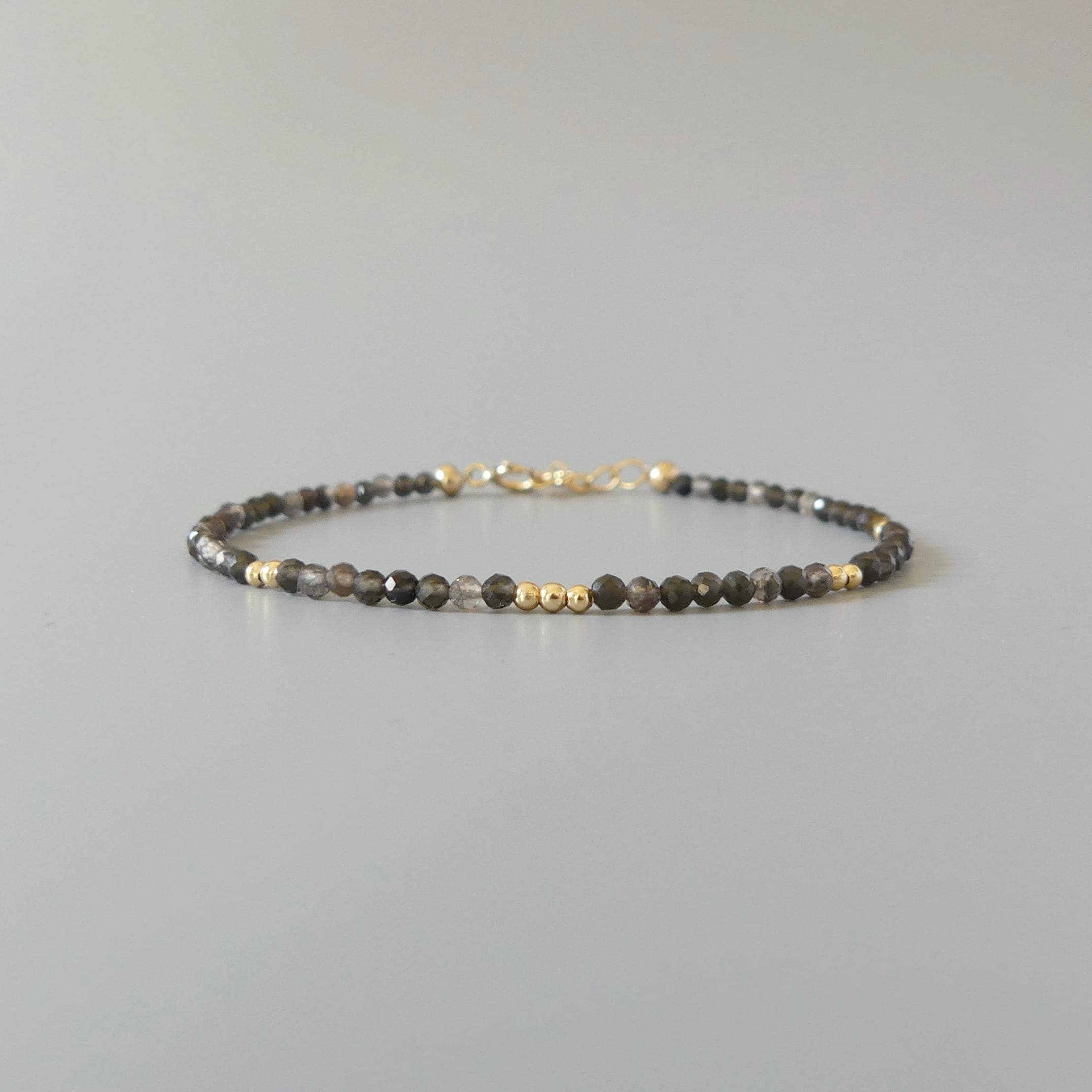 Tiny Obsidian Bracelet Dainty Sparkly Gemstone Beaded Bracelet Minimalist Black Crystal Bracelet Protection Birthday Gift Christmas Mom Wife